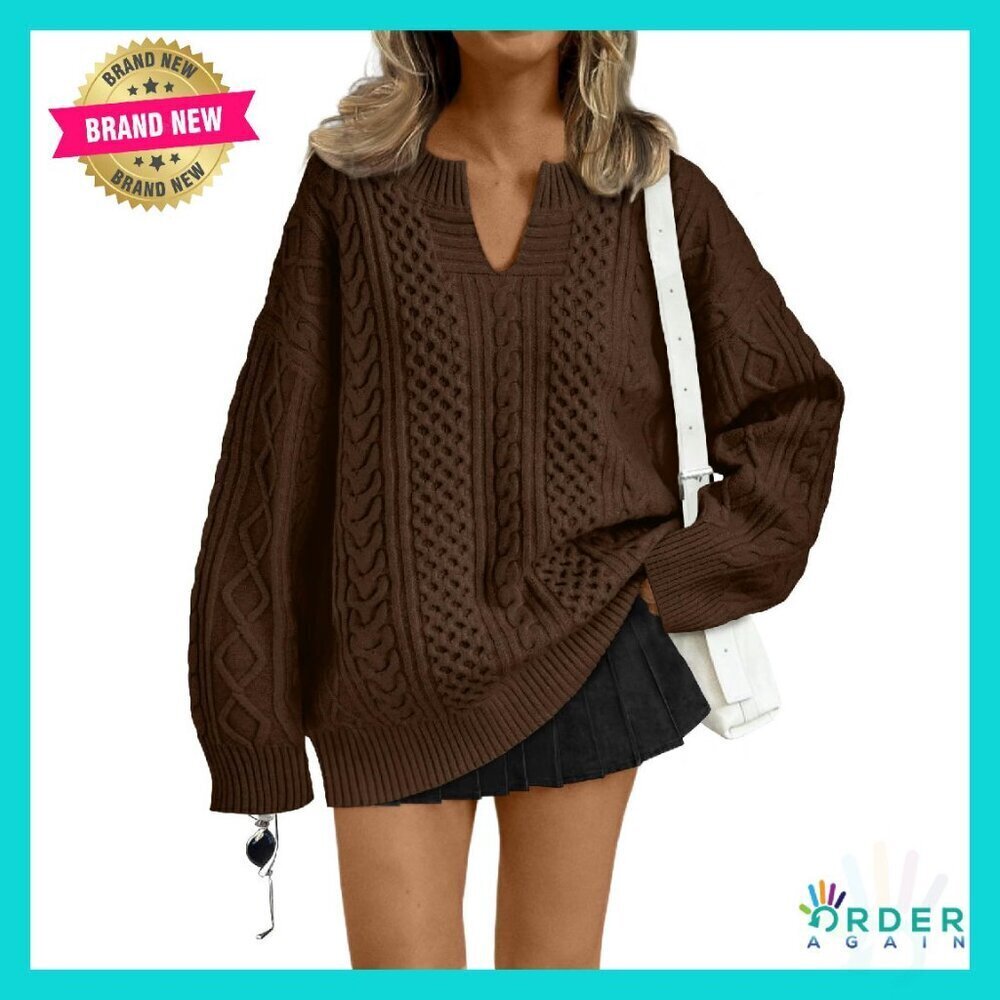 Oversized V Neck Cable Knit Sweater Cozy Chic Fall Winter Pullover
